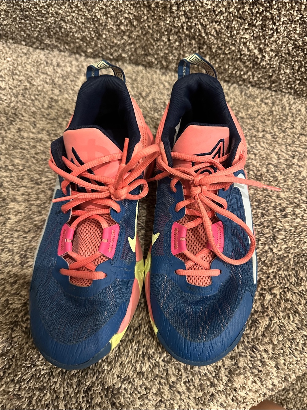 Nike Kids basketball shoes in Blue and Coral with Neon Yellow Accents